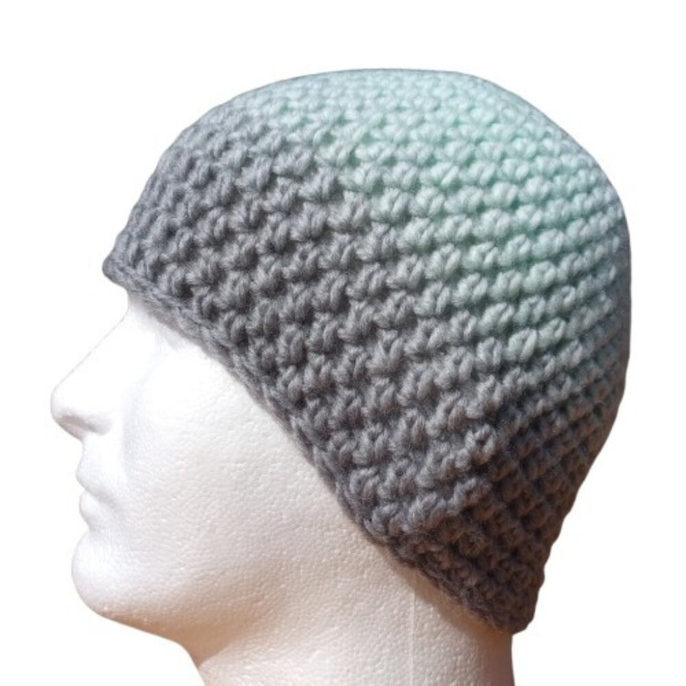 Men's Beanie Hat Head Hugger Handmade Silver Mint Green Crochet Hiking Skiing OS